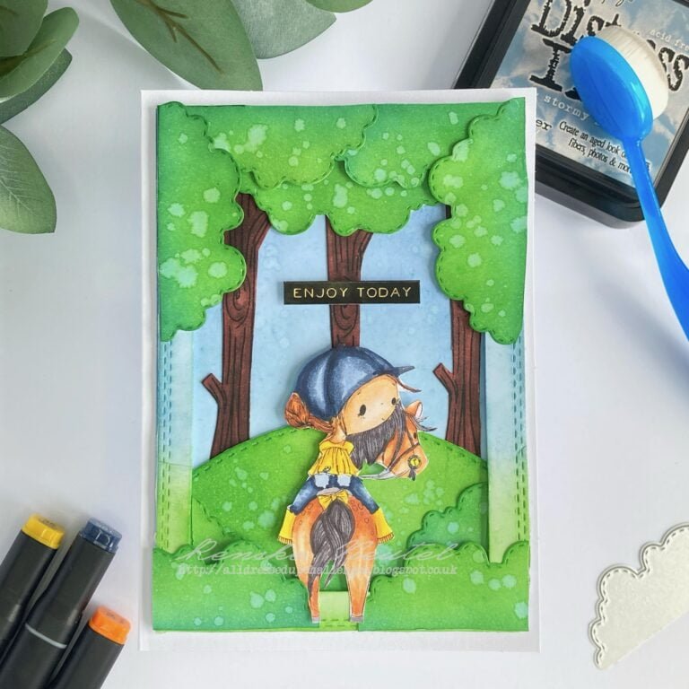 Handmade horse birthday card featuring a girl riding a horse surrounded by lush greenery and trees, captured from a top-down perspective.