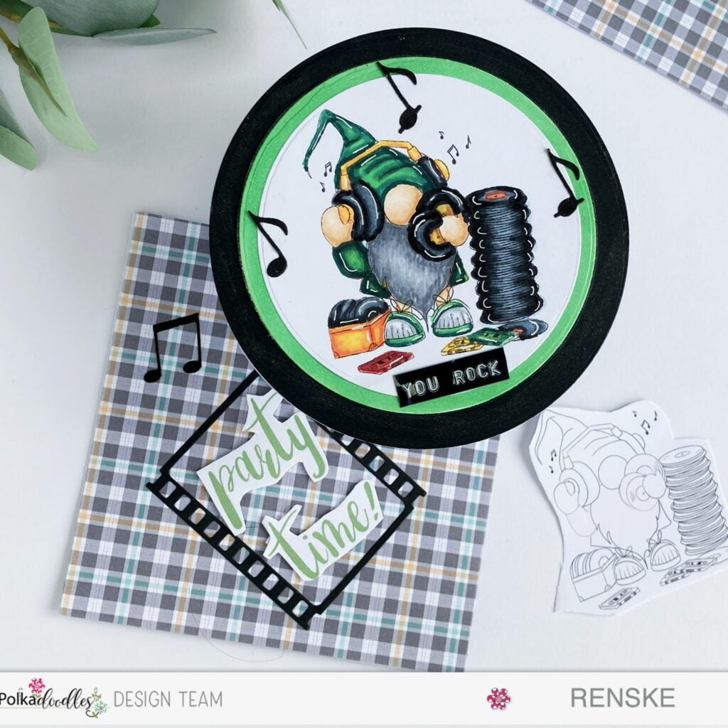 An overhead image of the Music Gnome Masculine Card LP positioned above its sleeve, with the sleeve partially visible underneath, giving a sense of depth and dimension.