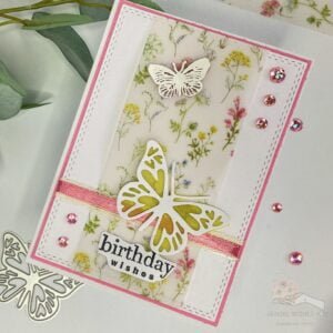 Vellum Birthday card 1 An overhead view of the birthday card at an angle, displaying the entire design with vellum elements. The card showcases stunning vellum techniques for birthday celebrations.