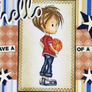 Close-up of colored 'Basketball - Little Dudes' digital stamp, the focal point of the DIY basketball card. The image features a young boy dribbling a basketball, colored with vibrant hues to capture the energy of the sport. Fine details and shading enhance the realism of the digital stamp, adding depth and dimension to the overall design.