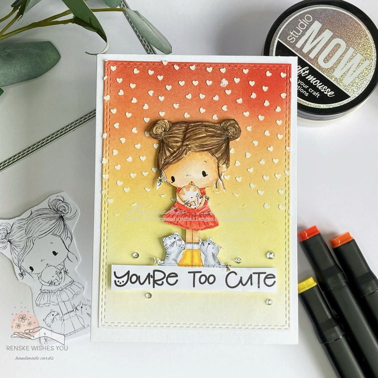 Adorable handmade cat card featuring the Cat Person digital stamp, surrounded by crafting materials, viewed from above