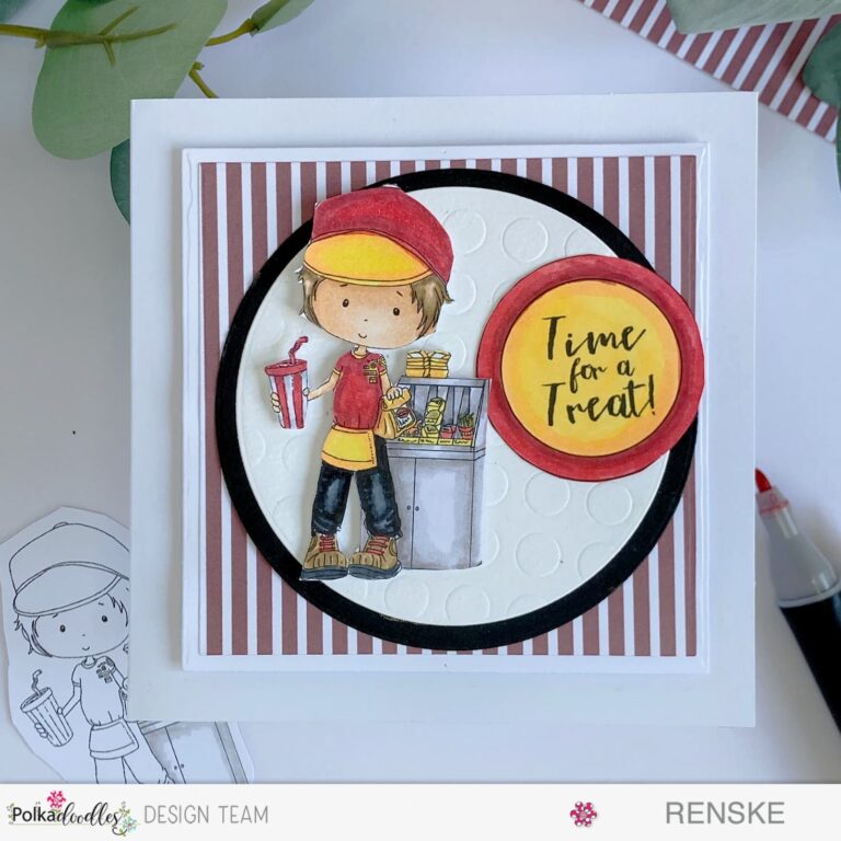 op-down view of a handmade fast food card featuring a colored digital stamp of a waiter holding a drink and food bag, with red and white striped background from Polkadoodles products.