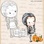 Digital stamp Winnie Wednesday Pumpkin from Polkadoodles. A girl stands with her hands crossed and in front of her are scary pumpkins