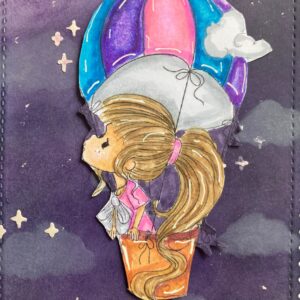 Close up Picture of the coloured ditigal stamp The Sky is the limit from Polkadoodles Close-up of the colored digital stamp 'The Sky is the Limit' from the hot air balloon slider card tutorial. The stamp features a girl in a hot air balloon, colored with vibrant alcohol markers in shades of blue, purple, and pink.