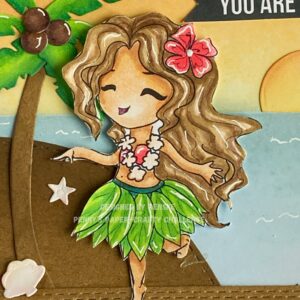 Close up picture Miss Lily Hawaiian Odytnetika Close-up of the colored digital stamp of a girl dancing. The girl has long hair with a flower, a green leaf skirt, a pink bikini top, and a shell necklace. Her skin is colored with shades of tanned skin, peachy blush, and salmon pink. The hair has buttercup yellow and brown-grey tones.