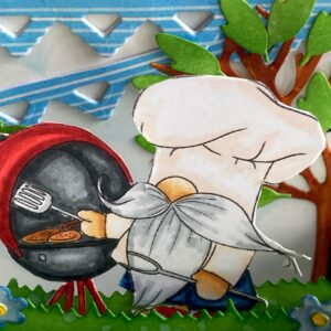 Close up picture coloured digital stamp Chef cook bbq Polkadoodles Close-up of colored digital stamp for Handmade Father's Day Card, highlighting the intricate coloring of the gnome chef, barbecue grill, picnic accessories, and surrounding elements in vibrant hues.