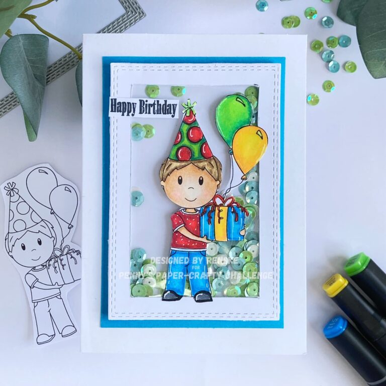 Top view of the completed birthday shaker card, lying flat and centered. The card features the 'Birthday Owen' digital stamp, colorful shaker elements, and a "Happy Birthday" sentiment.