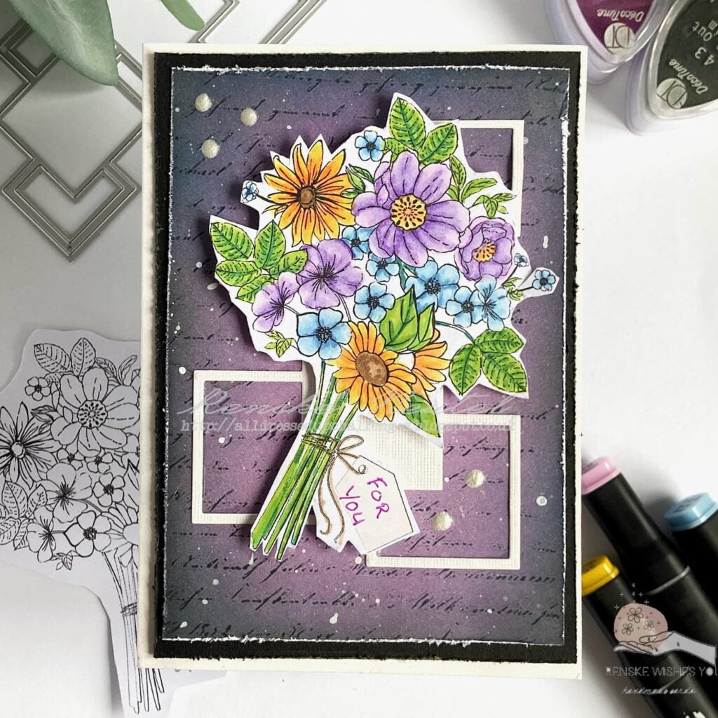 A top-down view of a handmade flower bouquet card created with All Dressed Up Stamps, showcasing the intricate details of the card's design, including the colorful bouquet and the textured background.