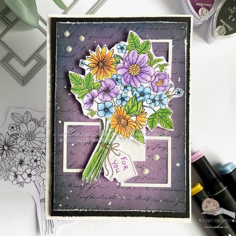 A top-down view of a handmade flower bouquet card created with All Dressed Up Stamps, showcasing the intricate details of the card's design, including the colorful bouquet and the textured background.