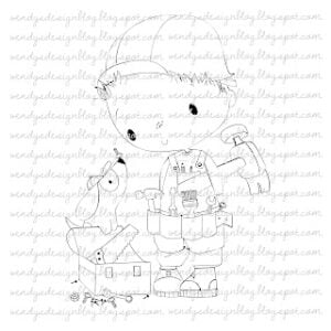 Digital stamp of a boy with a tool box and a dog on top of that. 