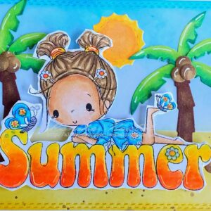 Close up coloured digital stamp Summer All sressed up Stamps Close-up of the colored digital stamp on a handmade summer card. The stamp is from All Dressed Up Stamps, featuring a girl with pale cream skin, buttercup yellow hair, and a mint blue dress. The word 'Summer' is colored in gradient shades of red, yellow, and pastel lemon.