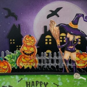 Close up picture Scene Halloween Card in A box Close-up of the spooky scene inside the Halloween card in a box, focusing on the witch, pumpkins, and other decorative elements.