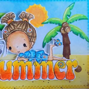 Close up picture of the right side of the word summer Close-up of the right side of the digital stamp on a handmade summer card, showcasing the palm tree and beach scene. The detailed stamp and background elements are colored with vibrant alcohol markers, enhancing the summer theme.