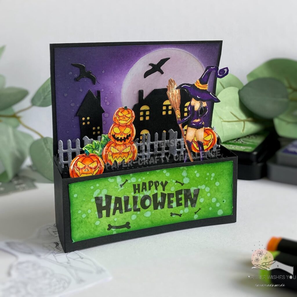 Halloween Card in a Box Witch with pumpkins Mirtilliamenten 3 Angled view of a completed Halloween card in a box, highlighting the three-dimensional elements and spooky decorations