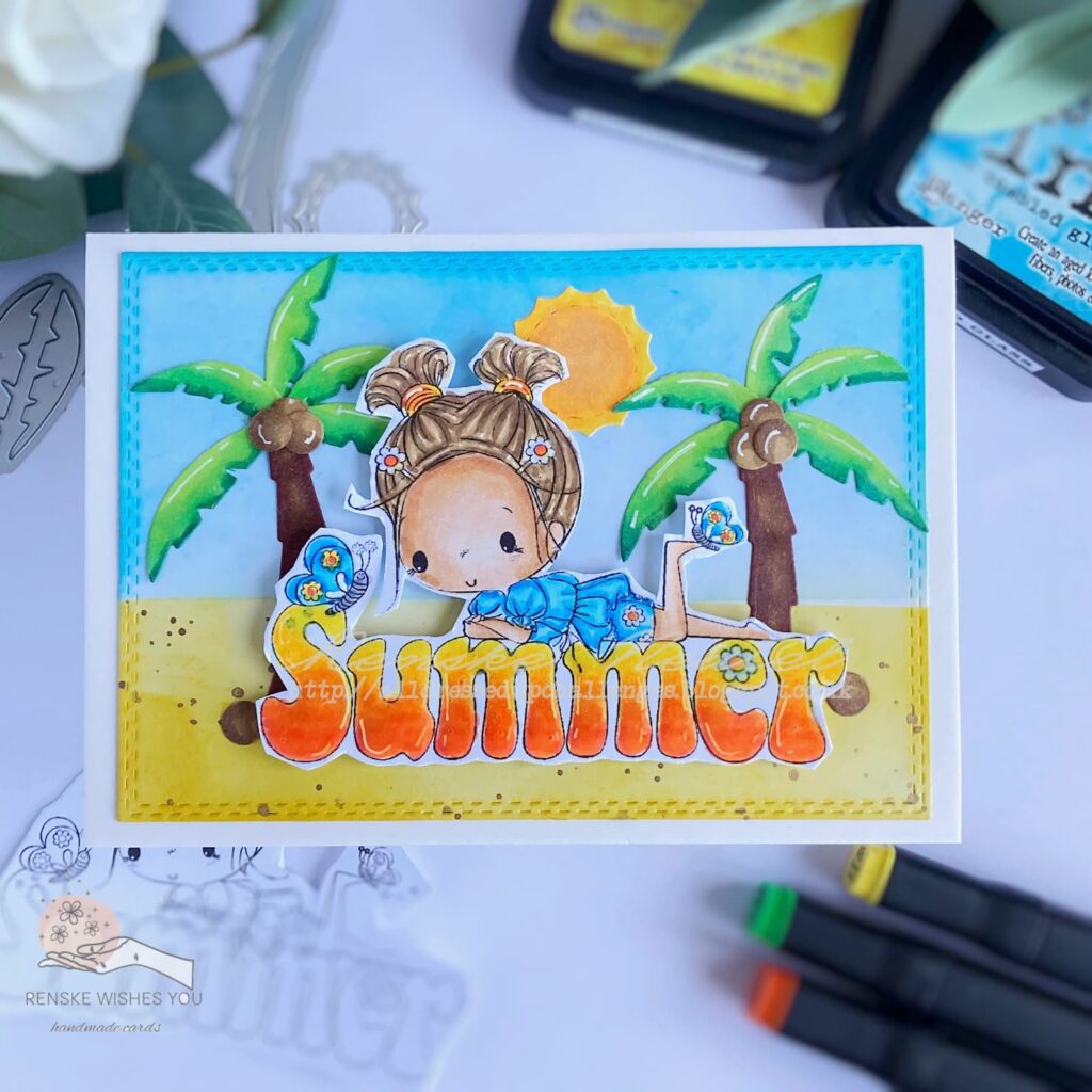 Top view of a handmade summer card featuring a digital stamp from All Dressed Up Stamps. The card has a beach scene background with a blue sky and sandy beach created using distress inks. Palm trees, coconuts, and a bright yellow sun embellish the scene, while the word 'Summer' is highlighted with paper glaze for a glossy effect.