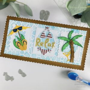 Handmade summer card with pool background 1 Angled top view of summer themed card with a swimming pool background, featuring palm tree, cocktail, parasol, sunglasses, bikini, and 'relax' text.