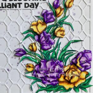 Close up picture of the Sping time digital stamp Alex Syberia Designs This close-up photo focuses on the colored digital stamp from Alex Syberia Designs' Spring Time collection. The detailed floral elements are beautifully colored with alcohol markers, showcasing rich hues and smooth blends. The digital stamp's intricate designs are brought to life with vibrant colors, creating a captivating centerpiece for the 3D handmade floral birthday card. The careful coloring enhances the card's overall visual appeal and adds depth to the flowers.