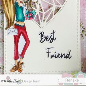 Close up picture of the sentiment best friend Polkadoodles Close-up of the lower section of the handmade friendship card from Polkadoodles. The photo focuses on the sentiment 'Best Friend' from the Rebel Messages with Attitude set, positioned prominently on the card. The close-up highlights the sentiment's placement and the surrounding design.