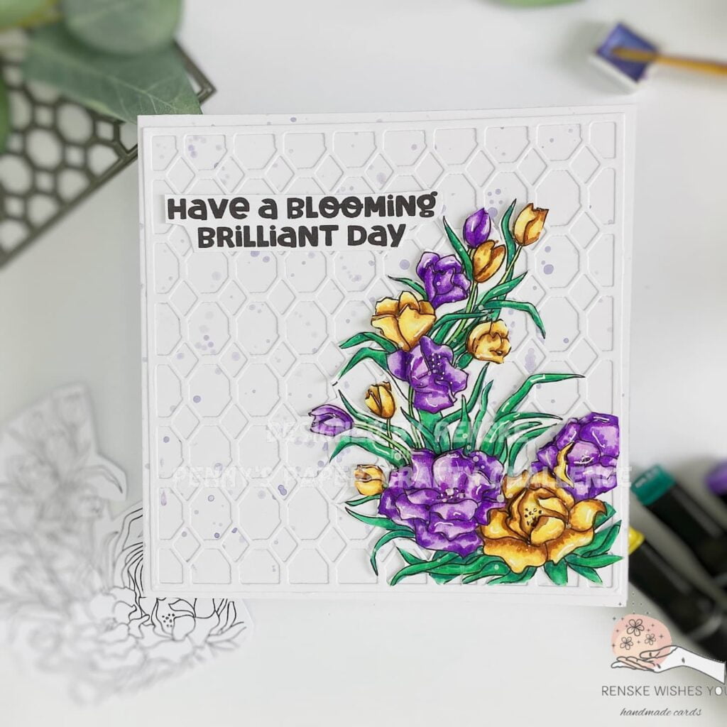 This image showcases the stunning 3D handmade floral birthday card from a top-down view. The card lies flat and perfectly aligned, allowing you to admire the intricate details of the design. The vibrant flowers, created using Alex Syberia Designs' Spring Time digital stamp, are elevated with foam tape, creating a striking 3D effect. The elegant die-cut background, with its subtle texture, complements the colorful floral elements and adds a touch of sophistication.