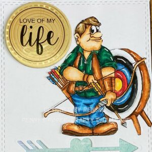 Handmade archer card 3 Close-up view of the colored digital stamp on the handmade masculine card. The image depicts an archer with detailed coloring, including shades of green, brown, and red. Highlights are added with a white gel pen to enhance the details