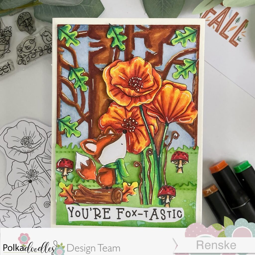 Handmade Autumn card made with this fox card tutorial viewed from above, showing the flat layout of the card with a detailed autumn fox design, leaves, and mushrooms.