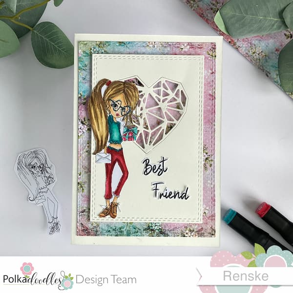 Full view of a handmade friendship card featuring digital stamps from Polkadoodles. The card is displayed flat and centered, showing the complete design with the Ruby Gift with Glasses digital stamp as the focal point. The card's layout includes patterned paper and die-cut shapes