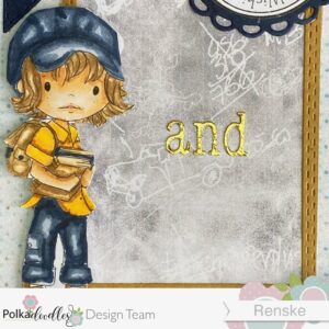 close up picture Of the coloured digital stamps Close-up of the colored digital stamp from the back-to-school card. The image depicts a young student with tan skin, brown hair, and wearing a yellow shirt, blue pants, and shoes. The student is holding books and a bag. The coloring is done using alcohol markers, with detailed shading and blending visible on the skin, hair, and clothing. The image is cut out without a white border, making it seamlessly blend into the card design