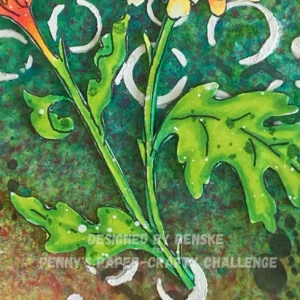 Close up picture of the leaves of the chrysanthemum fall flower Close-up of the chrysanthemum's green leaves, colored with a variety of alcohol markers in shades of bright apple green, vivid green, and weeds green. Tiny dark green dots are stamped on the leaves, adding texture and depth to the design