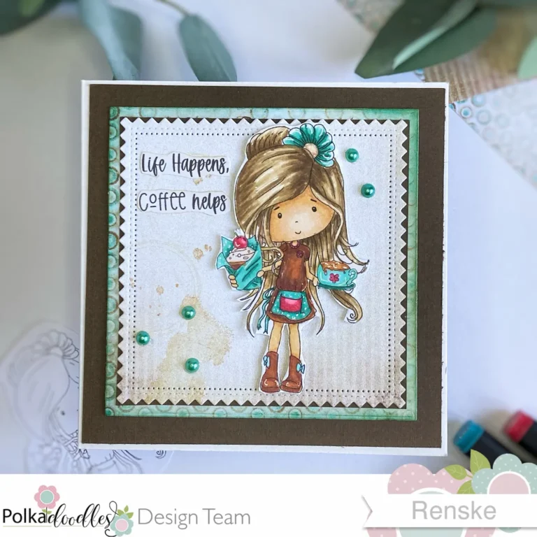 A flat view of the finished coffee-themed encouragement card, featuring a girl with a cupcake and coffee cup. The background includes patterned papers with coffee stains and mint green accents, creating a cheerful and inviting design.