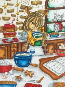 Coloured colourring page Christmas Card Close-up of the coloured colouring page 'Rory Bake Time' from Colour of Love. The image shows a woman holding books in a kitchen with a cat by the window and holiday-themed elements like snowflakes, cookies, and a hot chocolate mug, showcasing the colouring details for a unique Christmas card