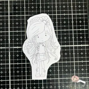 Digital stamp Barista coffee cak digi stamp without colours A close-up of the uncoloured digital stamp, depicting a girl holding a coffee cup in one hand and a cupcake in the other. The stamp is set against a plain white background, ready for colouring, perfect for creating a coffee-themed card.