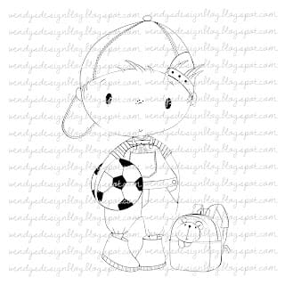 Back to school-boy Digital stamp Back to school boy from All Dressed Up Stamps. Featuring a boy with a football in his hand a backpack with a bear next to him.