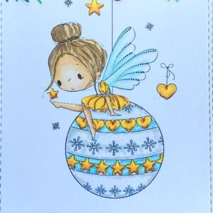 Close up coloured Fairy Bauble digiatl stamp All Dressed up Stamps Close-up of the Fairy Bauble digital stamp, featuring a delicate fairy with soft colouring on her wings, surrounded by festive baubles and stars. The intricate details and vibrant hues make the fairy Christmas card’s centrepiece visually striking.