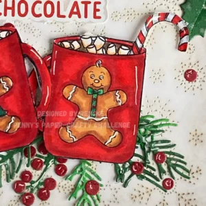Close up picture coloured gingerbread mug boy A close-up of the male gingerbread character on the red mug, showcasing his joyful demeanor, adorned with a bow tie, and a rich layer of hot chocolate and marshmallows.