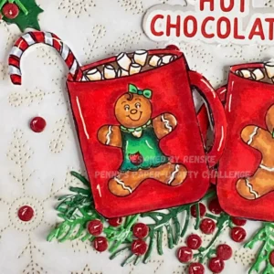 Close up picture of the Coloured gingerbread mug girl close-up of the female gingerbread character on the mug, featuring a cheerful expression, dressed in a green dress with bows, and topped with fluffy marshmallows, capturing the holiday spirit