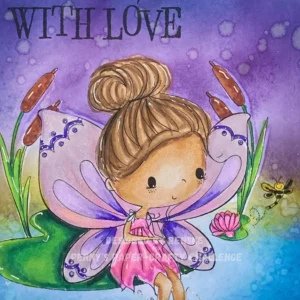 Close up picture of the coloured digital stamp with sentiment with love A close-up of the colored digital stamp alongside the sentiment "With Love". The fairy, surrounded by delicate petals and sparkling accents, emphasizes the heartfelt message, showcasing the artistry and charm of the one-layer card.