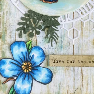 Close up picture of the coloured flower Close-up of a hand-colored flower on the vintage butterfly greeting card, featuring soft pastel tones and detailed ink work