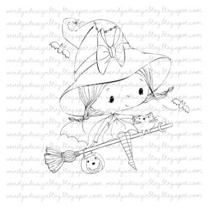Magic broomstick Digital stamp Magic Broomstick from All Dressed Up Stamps. A witch girl with a hat on a broomstick.