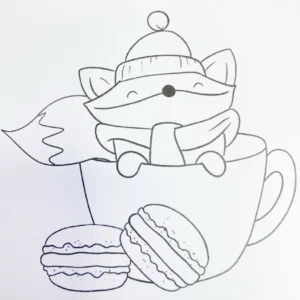 Printed digital stamp Hot Chocolate macarone fox Polkadoodles A photo of the printed digital stamp featuring a cute fox sitting in a cup of hot chocolate. The fox has a fluffy tail and is wearing ascarf and hat, with macarons arranged nearby. The stamp is printed on smooth DCP paper, showcasing clean outlines and space for colouring.