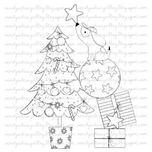 Star Pup Digital stamp Star Pup from All Dressed Up Stamps. A drawing of a pup on presents and a bal putting the christmas star on the christmas tree.