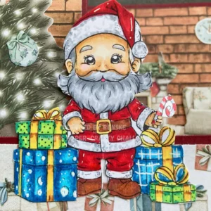 Close up coloured digital stamp Santa is Here Close up picture of the coloured digital stamp Santa is here from The Paper Shelter. Santa is standing next tor presents in blue and green coloures with a golden bow