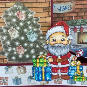 Close up digital stamp Santa is here with the christmas tree at the right Close-up of the coloured digital stamp of Santa with presents next to him, featured in the Double Z fold card tutorial. Santa is positioned on the strip near the Christmas tree, enhancing the festive atmosphere.