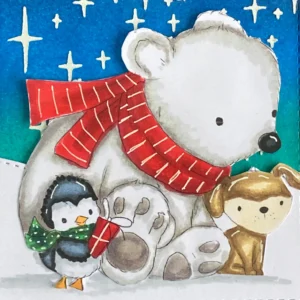 Close up picture coloured Cute Snow friends digiatl stamp Polkadoodles Close-up of the 'Cute Snowfriends' digital stamp on the Cute Animal Christmas Card, with a polar bear, penguin and dog in festive scarves. Each character is coloured with warm tones and fine shading, bringing out soft details and creating a charming, cheerful winter scene.