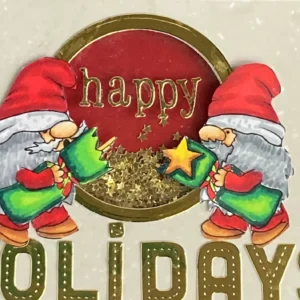 Close-up of the Crackers digital stamp by Sheepski Designs, with two gnomes pulling a cracker, both wearing hats. The stamp is carefully coloured, highlighting details like the gnomes’ expressive faces and holiday attire, giving the Christmas shaker card a cheerful touch.