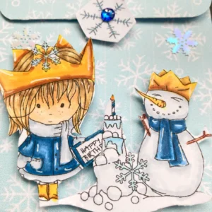 Close up picture of the coloured digital stamp Frozen Birthday from Polkadoodles Close up of the coloured digital stamp Frozen Birthday from Polkadoodles. It shows a girl with a crown on here head and standing next a icecake and a snowman.