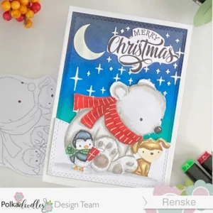 Cute Animal Christmas Card wit cute snow friends Polkadoodles 1 Angled overhead view of the Cute Animal Christmas Card, showing layered details. The polar bear, penguin and dog are nestled in a snowy landscape against a softly blended sky. The scene includes a stenciled moon and stars, adding a festive holiday atmosphere, with the 'Merry Christmas' sentiment in the night sky.