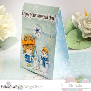DIY Gift Bag December birthday Polkadoodles (2) DIY Gift bag for a Decemerber birthday featuring a girl with a ice cake and a snowman.