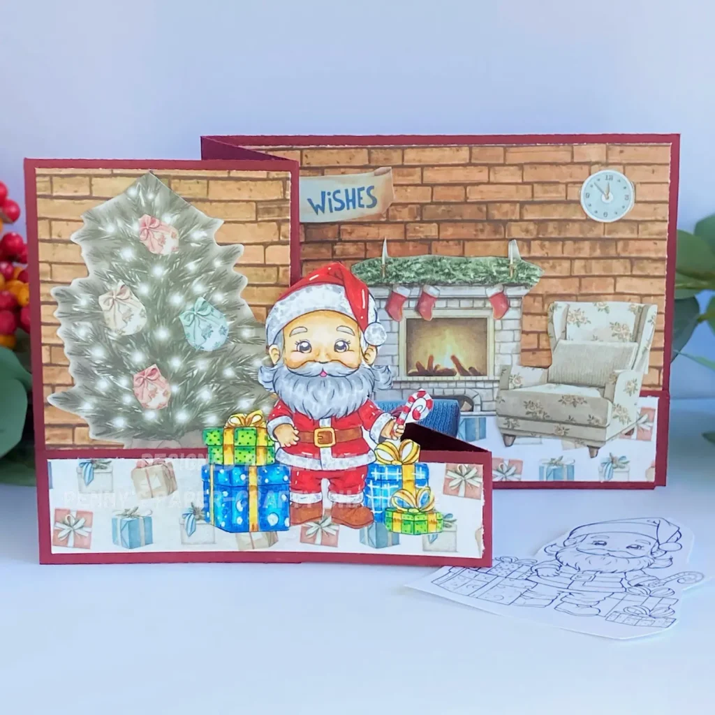 Front view of a Double Z fold card tutorial featuring a Christmas theme. The left panel displays a Christmas tree, while the right panel showcases a cosy living room with a fireplace, an armchair, and the sentiment "Best Wishes." Santa with the gifts is positioned on the strip next to the Christmas tree.