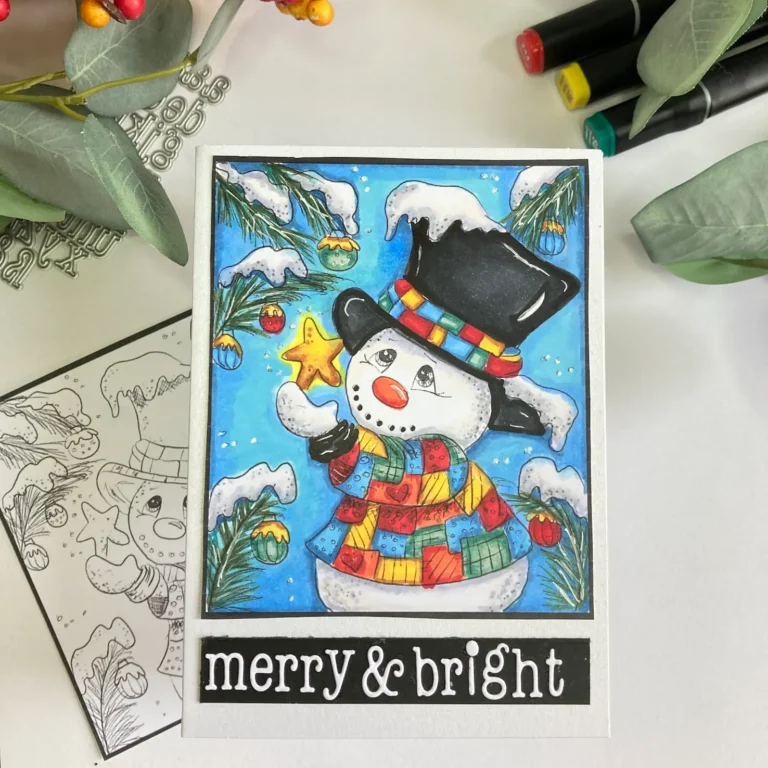 Top view of a Christmas card featuring the Colour of Love’s Christmas Star digital stamp, coloured with alcohol markers. The card showcases festive details, including a star design and holiday-themed elements, perfect for Christmas card colouring.