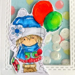 Coloured digital stamp Celebration - Winnie Winter Celebration Polkadoodles Colored digital stamp of a girl with balloons and a kite, colored with alcohol markers."